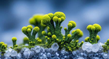 A stunning macro shot of bright green coral teeming with life. Detailed textures and colors highlight the beauty of the underwater world.の素材