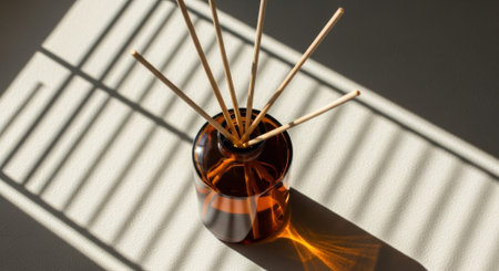 Captivating overhead view of an amber glass reed diffuser bottle casting warm shadows and brilliant highlights from sunlight filtering through blinds.の素材