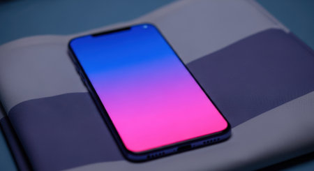 A sleek smartphone with a colorful blue and pink gradient screen is captured in a detailed close-up shot on a textured fabric.の素材