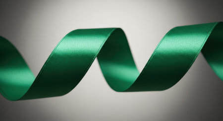 A close-up view of a vibrant green satin ribbon creating elegant curves and twists, showcasing its luxurious texture and sheen with soft lighting.の素材
