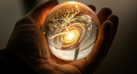 Experience the magic and mystery of a glowing crystal ball held carefully in hands, showcasing a swirling universe of light and cosmic energy.の素材