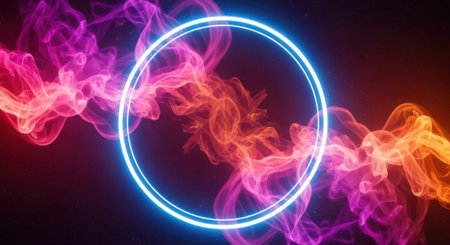 A glowing blue neon ring is enveloped by abstract, colorful smoke in vivid shades of pink, purple, and orange, creating a mesmerizing visual effect.の素材