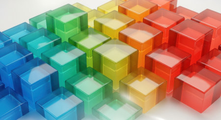 An abstract arrangement of translucent geometric cubes in a spectrum of colors from blue to red creating a visually striking gradient.の素材