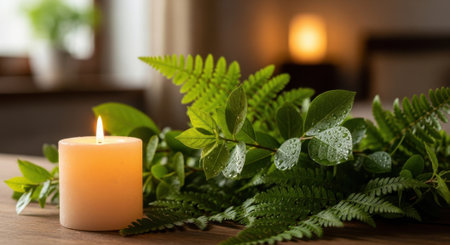 A lit candle casts a warm glow on vibrant green ferns and leaves, creating a peaceful and natural ambiance within a cozy indoor setting.の素材