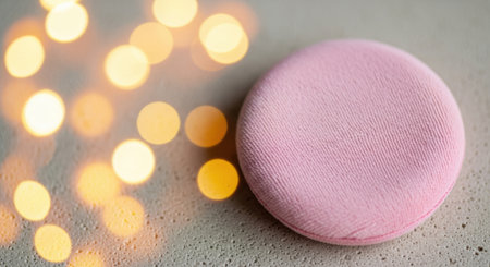 A smooth pink sphere is bathed in the warm glow of out-of-focus bokeh lights, creating a dreamy, festive, and celebratory atmosphere.の素材