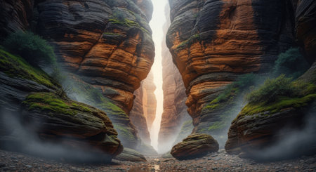 Experience the raw beauty of nature with this stunning waterfall. Water cascades over mossy rocks, illuminated by a soft, warm light creating an ethereal atmosphere.の素材