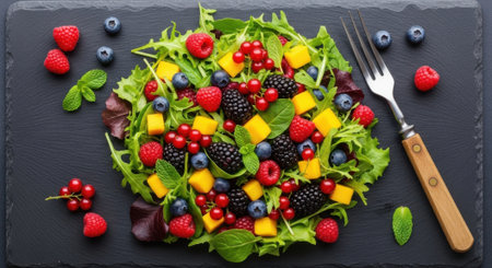 A colorful and refreshing fruit salad overflowing with berries and fresh greens. Perfect for a healthy and delicious meal or snack.の素材