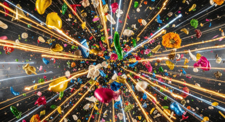 A vibrant, abstract image featuring a radial burst of colorful lights and indistinct objects, creating a sense of motion and energy.の素材