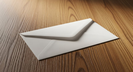 A simple white paper envelope rests on a warm, textured wooden surface, illuminated by soft light creating subtle shadows and highlights.の素材