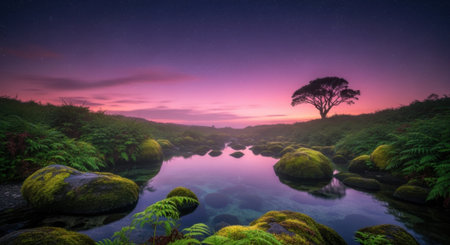 A picturesque river reflects the stunning colors of a twilight sky, surrounded by lush green foliage and a lone, majestic tree.の素材