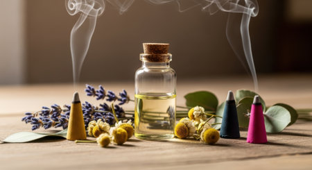 Experience tranquility with this arrangement featuring an essential oil bottle surrounded by aromatic incense cones, lavender, and natural elements, creating a calming atmosphere.の素材