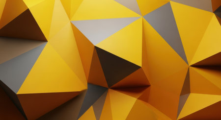 A close-up view reveals a vibrant abstract mosaic composed of geometric shapes in shades of yellow orange and brown creating depth and texture.の素材