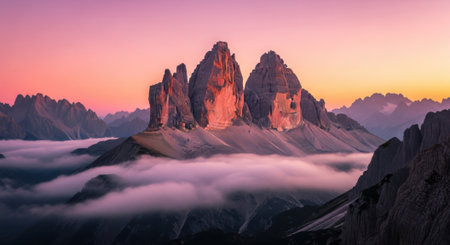 Experience the breathtaking beauty of jagged mountain peaks bathed in the warm glow of a pastel sunrise, a serene and dramatic natural spectacle.の素材