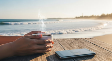 A tranquil scene with hands holding a beverage on a weathered wooden surface. The ocean stretches out with gentle waves under a bright sky.の素材