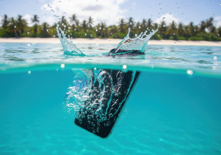 A smartphone sinks beneath clear turquoise ocean water creating a splash. Tropical palm trees line the distant sandy shore.の素材