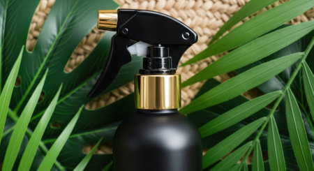 Close-up of a black spray bottle with gold accents nestled among lush green leaves, evoking natural beauty and skincare.の素材