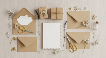 Overhead view of a rustic flat lay arrangement featuring kraft paper envelopes, gift boxes, crafting tools, and dried floral accents for a charming DIY aesthetic.の素材