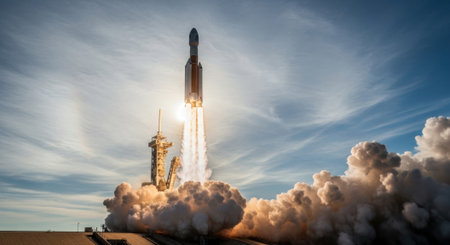 Space Shuttle taking off into the sky. 3D Rendering.の素材