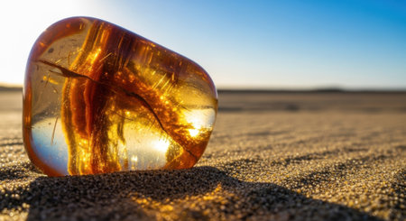 A large piece of warm amber gemstone with trapped ancient inclusions sits on a sandy surface, reflecting the sunlit sky and horizon.の素材
