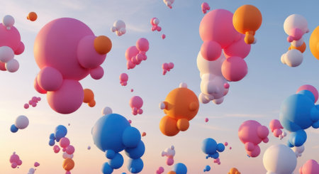 Colorful balloons floating in the blue sky. 3D Renderingの素材