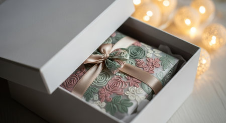 Experience the joy of receiving a special gift. This image captures a neatly wrapped present inside an open gift box, with warm, defocused lights in the background.の素材