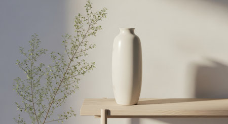 A tall, slender ceramic vase sits gracefully on a surface, adorned with fine sprigs of greenery, evoking a sense of calm and minimalist elegance.の素材