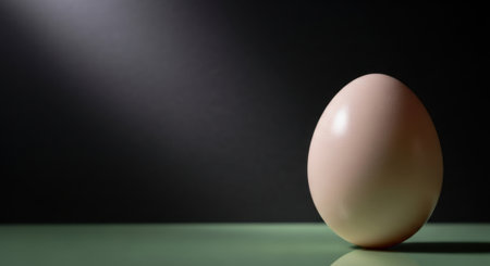 A solitary egg stands on a reflective green surface, bathed in dramatic light from a spotlight that casts subtle shadows. Minimalist and artistic composition.の素材