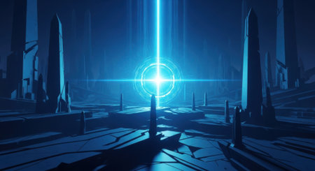 Experience a breathtaking sci-fi scene with a powerful blue light beam illuminating a detailed, futuristic interior filled with angular architecture. A captivating digital artwork.の素材