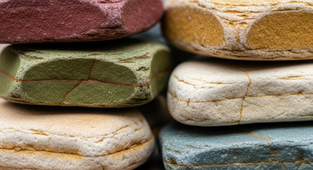 A vibrant and detailed macro view of stacked handmade artisan soaps, showcasing their rich colors and natural textures for a luxurious bathing experience.の素材