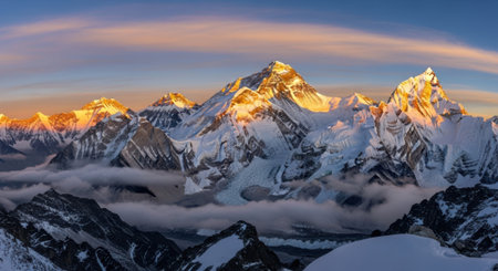 Breathtaking mountain landscape at twilight featuring snow-covered peaks glowing with warm sunset hues and the ethereal shimmer of aurora borealis.の素材