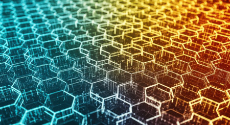 Close-up view of a three-dimensional hexagonal grid structure transitioning from cool blue to warm orange, creating a dynamic abstract background.の素材