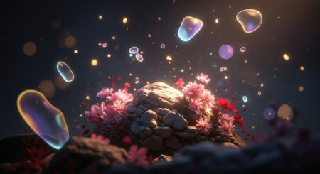 A vibrant and ethereal cosmic nebula scene featuring glowing orbs and crystalline structures, suggesting celestial beauty and the vastness of the universe.の素材