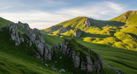 Explore the majestic beauty of a mountain range at sunset. Sunlight illuminates sharp rock faces and lush, rolling green hills in this breathtaking natural vista.の素材