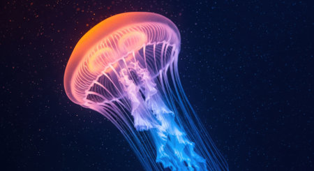 A stunning close-up captures a translucent jellyfish pulsating with vibrant neon colors, illuminating the dark ocean depths.の素材