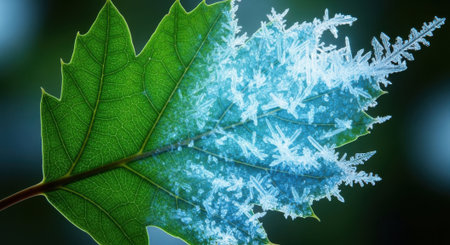 Close-up view of a vibrant green leaf partially covered in delicate ice crystals, showcasing the beauty of frost and natural elements. Nature's transition from cold to thaw.の素材