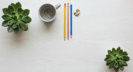 A clean and modern desk workspace featuring two small succulents a ceramic mug and colored pencils arranged for a productive creative session.の素材