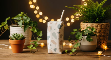 A collection of houseplants and string lights arranged to create a cozy and inviting home ambiance, perfect for a relaxing evening.の素材