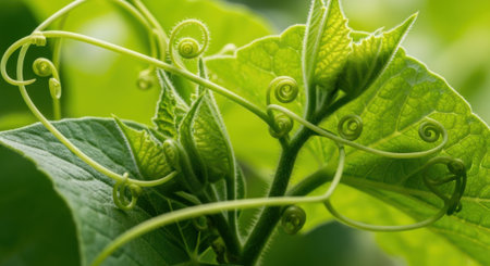 Close-up view of delicate green vine tendrils and new leaves unfurling, capturing the essence of natural growth and botanical beauty.の素材