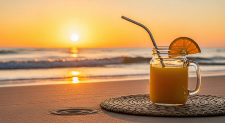 Sip on a delicious orange juice by the ocean as the sun dips below the horizon. Experience pure relaxation and tropical vibes.の素材