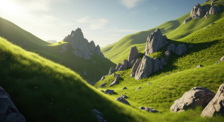 Bathed in soft sunlight, a dramatic mountain valley unfolds with imposing rock formations and vibrant, rolling green hillsides.の素材