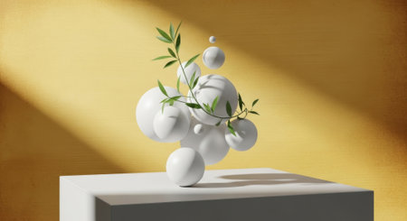 A delicate white flower arrangement in a minimalist vase bathed in soft, dappled sunlight, creating a serene and elegant visual.の素材