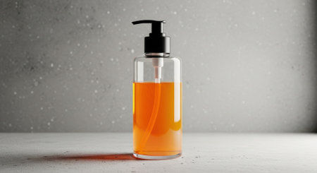 A clear plastic dispenser bottle filled with vibrant orange liquid, featuring a black pump top, ready for use in personal care routines.の素材