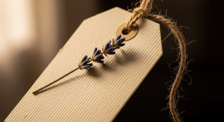 Close-up view of a plain kraft paper gift tag featuring a small dried lavender sprig. Twine is attached for a natural, rustic aesthetic. Perfect for handmade crafts and gifts.の素材
