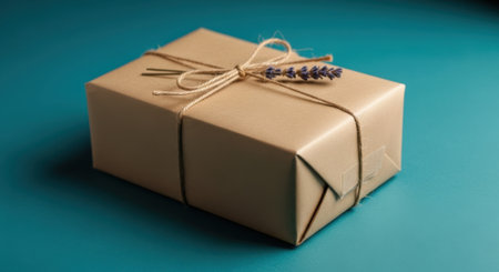 A thoughtfully wrapped gift box in brown paper, secured with twine and a decorative ribbon, ready for shipping or as a present.の素材