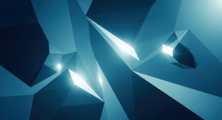 Dynamic abstract composition featuring sharp geometric forms and ethereal light streaks, rendered in shades of deep blue and teal for a futuristic feel.の素材