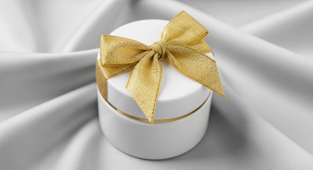 A beautifully presented white gift box adorned with a luxurious golden ribbon and bow, evoking feelings of celebration and thoughtful gifting.の素材