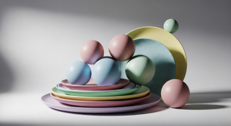 Delicate and vibrant macarons are artfully stacked on a colorful plate tower, bathed in gentle light, creating a visually appealing dessert arrangement.の素材