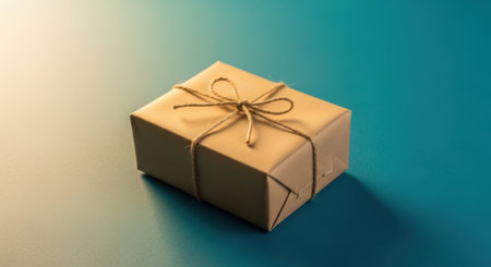 A beautifully wrapped gift box sits on a gradient teal surface, illuminated by warm light creating a distinct shadow. Perfect for any occasion.の素材
