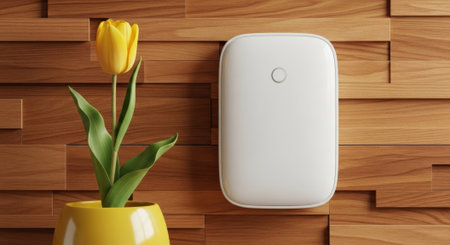 A sleek white smart home device is prominently displayed on a warm, textured wooden wall. A vibrant yellow tulip adds a touch of natural beauty and color to the scene.の素材