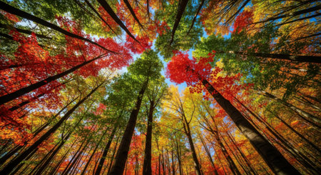 A dizzying perspective of colorful fall foliage overhead, creating a dynamic and breathtaking natural abstract.の素材